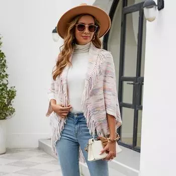 Осень и зима Женский полосатый свободный рукав летучая мышь плащ кардиган трикотаж свитер с V-образным вырезом One Size абрикосовый