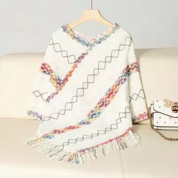 Осень и зима Женский принт Свободный рукав летучая мышь Перекрестная граница Плащ Кардиган Трикотаж О-образный вырез Свитер One Size белый