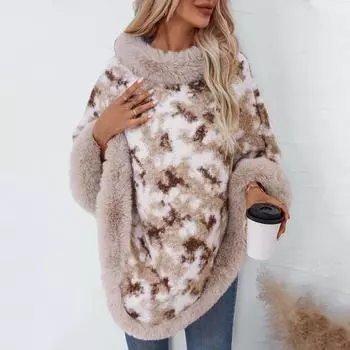 Осень и зима Женский принт Свободный рукав летучая мышь Перекрестная граница Плащ Кардиган Трикотаж Воротник-стойка Свитер One Size абрикосовый