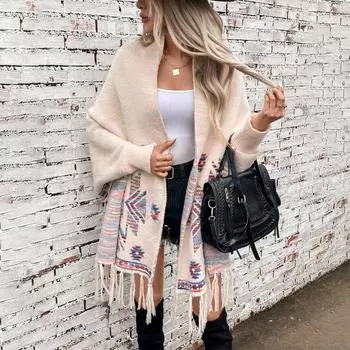 Осень и зима Женский принт Свободный рукав летучая мышь Перекрестная граница Плащ Кардиган Трикотаж Свитер с V-образным вырезом One Size хаки