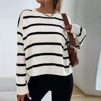 Осень и зима Женский свободный круглый вырез с длинным рукавом полосатый вязаный свитер пуловер Топ S белый