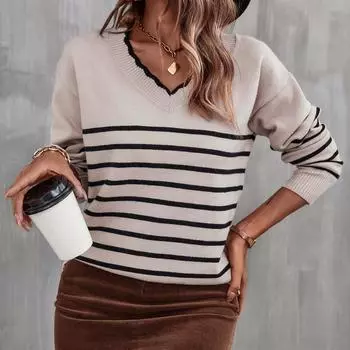 Осень и зима женский вельветовый пуловер с V-образным вырезом в полоску цветной вязки свободный свитер трикотажные топы S белый