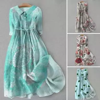 Осень-летнее платье с лацканами и рукавами три четверти трапециевидной формы с цифровым цветочным принтом в богемном стиле плиссированная однобортная рубашка на шнуровке наполовину L красный