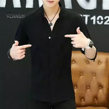 Осень-лето мужская рубашка с воротником-стойкой Slim Fit с рукавами три четверти однобортный однобортный деловой стиль повседневный топ XL белый