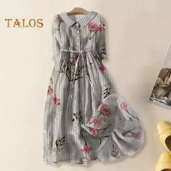 Осень-лето Платье с лацканами, рукавами три четверти, трапециевидной формы, с цифровым цветочным принтом, в богемном стиле, плиссированные, на шнуровке, полуоднобортная рубашка типа миди L синий