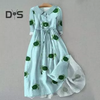 Осень-лето Платье с лацканами, рукавами три четверти, трапециевидной формы, с цифровым цветочным принтом, в богемном стиле, плиссированные, на шнуровке, полуоднобортная рубашка типа миди L красный