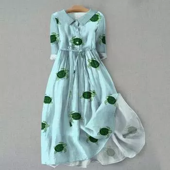 Осень-лето Платье с лацканами, рукавами три четверти, трапециевидной формы, с цифровым цветочным принтом, в богемном стиле, плиссированные, на шнуровке, полуоднобортная рубашка типа миди L синий