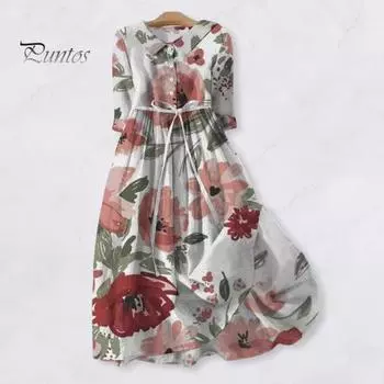 Осень-лето Платье с лацканами, рукавами три четверти, трапециевидной формы, с цифровым цветочным принтом, в богемном стиле, плиссированные, на шнуровке, полуоднобортная рубашка типа миди L синий