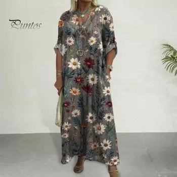 Осень-лето женское платье с цветочным принтом, свободный девятый рукав с запонками, V-образным вырезом и боковыми карманами, повседневное длинное платье, повседневное платье макси 3XL темно-серого