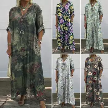 Осень-лето женское платье с цветочным принтом, свободный девятый рукав с запонками, V-образным вырезом и боковыми карманами, повседневное длинное платье, повседневное платье макси 3XL темно-серого