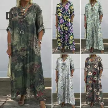 Осень-лето женское платье с цветочным принтом, свободный девятый рукав с запонками, V-образным вырезом и боковыми карманами, повседневное длинное платье, повседневное платье макси 3XL темно-серого