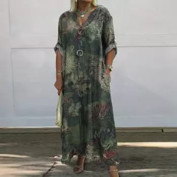 Осень-лето женское платье с цветочным принтом, свободный девятый рукав с запонками, V-образным вырезом и боковыми карманами, повседневное длинное платье, повседневное платье макси 3XL темно-серого