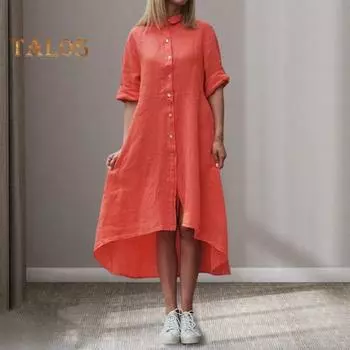 Осень-лето женское платье с длинными рукавами и лацканами, однобортное платье с нерегулярным подолом, с коротким передом и длинной спиной, однотонное свободное платье-миди трапециевидной формы для поездок на работу