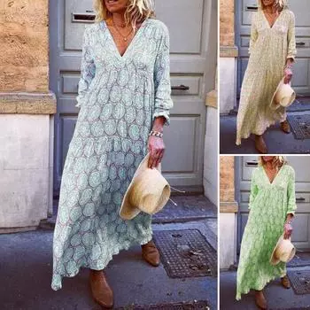 Осень-лето женское платье с принтом, V-образным вырезом, гофрированной кромкой, длинными рукавами, свободный пуловер размера плюс, до щиколотки, богемное платье макси в стиле ретро