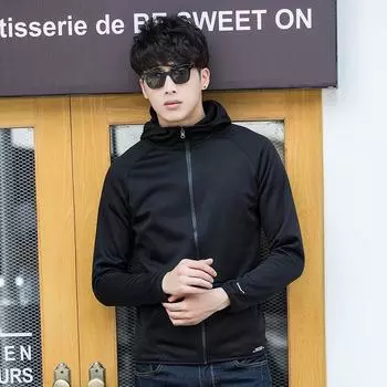 Осенняя куртка с длинными рукавами на молнии, минималистская куртка с капюшоном, мужская спортивная M чёрный