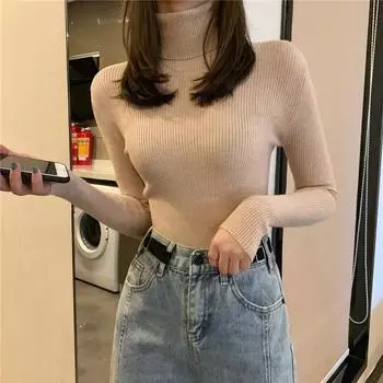 Осень Новая База Водолазка Женский свитер Топы Slim Fit Осень и зима Длинные рукава Трикотажные свитера для женщин Мода Повседневный Элегантный Трикотаж 25034 One Size светло-синий