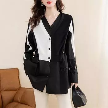 осень новая рубашка сращивание поддельные две части дизайн смысл повседневная одежда тонкий средний и длинный вязаный кардиган one size fits all чёрный