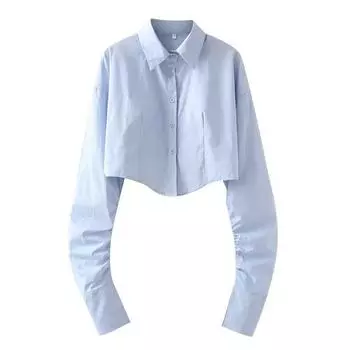Осень Новинка Короткий Длинный Рукав Открытый Живот Наряд Кроп Топ Женская Рубашка Персонализированный Европейский и Американский Стиль Арочный Край Плиссированная Высокая Талия Сексуальная Рубашка Blue L