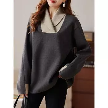 Осень Новые Большие Размеры Женские Свитера Вязание Топы Футболки Мода Поддельные Двухсекционные Свободные Свитера M серый