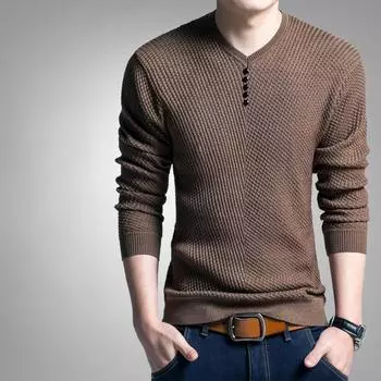 Осень Новые Молодые Мужчины Длинный Рукав Однотонный Тонкий Корейский Версия Тела V-образный вырез Мужчины на Базе M