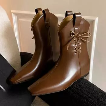 Осень Новые женские сапоги с внутренним увеличением каблука, квадратные рукава, заклепки, узел-бабочка, удобные короткие сапоги 35 чёрный