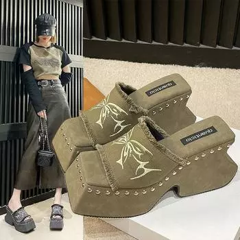 осень новый материал ткань живопись бабочка стиль тапочки модель подиум толстая подошва мода женская обувь 38