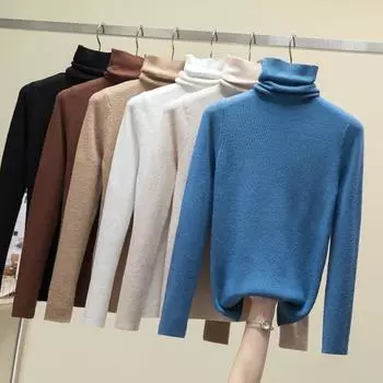 Осень Новый однотонный вязаный свитер с высоким воротом для женщин, повседневный облегающий свитер с длинным рукавом, свитера для женщин, зимняя мода, элегантный трикотаж, топы 25499 One Size чёрный