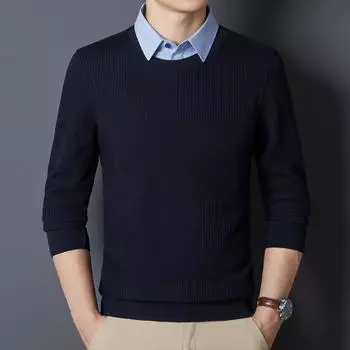 Осень Новый Поддельный Двухсекционный Свитер Мужской Длинный Рукав Рубашка Воротник Мужской Повседневный Мужской Топы Свитер Жаккард L