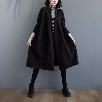 Осень новый темперамент большой размер тонкий тренчкот женский средний и длинный большой размер, полный мм свободный Large size XL чёрный