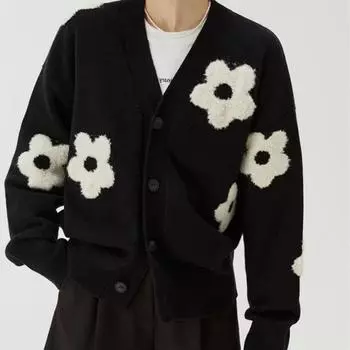 Осень новый V-образный вырез трехмерный инкрустированный цветок ленивый ветер тонкий цветок вязаный кардиган свободный свитер куртка женская one size fits all чёрный