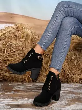 ОсеньНовыйВыкройкаЖенские ботильоны на толстом каблукеВысококачественные женские ботинки на платформе и высоком каблукеЖенские зимние ботинки на шнуровкеМодные ботинки 35