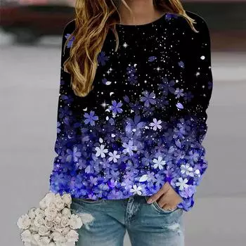 Осень-Осень женская мода O-образный вырез длинный рукав футболка свободная одежда с синим цветочным принтом футболка для девочек уличная