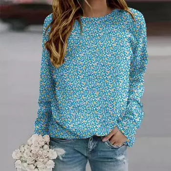 Осень-Осень женская мода O-образный вырез длинный рукав футболка свободная одежда розовые цветочные фрагменты принт футболка для девочек уличная XS синий