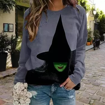 Осень-Осень женская мода O-образный вырез длинный рукав футболка свободная одежда ведьма принт футболка для девочек уличная XS темно-синий
