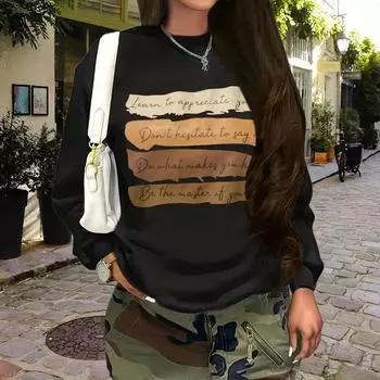 Осень-Осень женская мода O-образный вырез длинный рукав футболка свободная одежда английские блоки принт футболка для девочек уличная XS чёрный