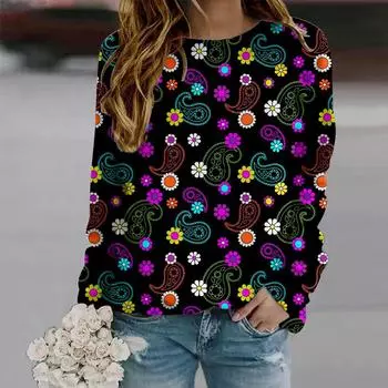 Осень-Осень женская мода O-образный вырез длинный рукав футболка свободная одежда парамеция принт футболка XS фиолетовый