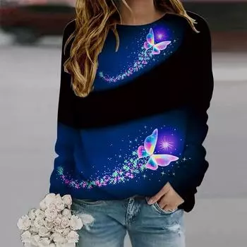 Осень-Осень женская мода O-образный вырез длинный рукав футболка свободная одежда темно-синяя бабочка принт футболка для девочек уличная XS темно-синий