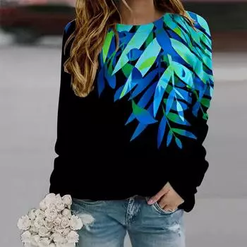 Осень-Осень женская мода O-образный вырез длинный рукав футболка свободная одежда с принтом листьев бамбука синяя футболка для девочек уличная XS синий