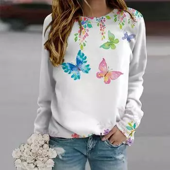 Осень-Осень женская мода с круглым вырезом и длинным рукавом футболка свободная одежда розовая бабочка принт футболка для девочек уличная XS белый