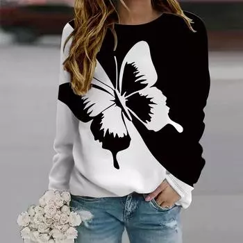 Осень-Осень женская мода с круглым вырезом и длинным рукавом футболка свободная одежда черная бабочка принт футболка для девочек уличная XS белый