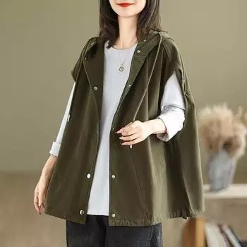 Осень Плюс Художественная Свободная Куртка С Капюшоном Камзол Рабочая Одежда Жилет для Женщин Куртки и Пальто Женские M чёрный