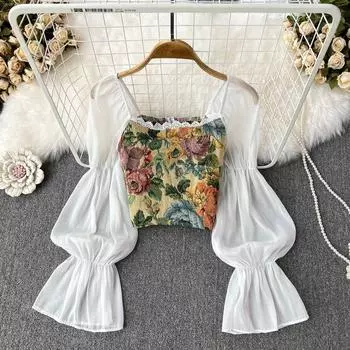 Осень Pure Desire сладкий и пряный квадратный вырез картина маслом принт пышные рукава Высокая талия приталенный тонкий короткий топ