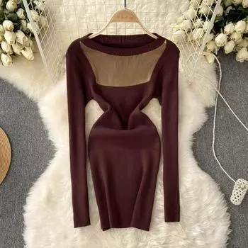 Осень Pure Desire Стиль Нишевый дизайн Сетчатая строчка Вязаная сумка с длинными рукавами на талии Хип-платье