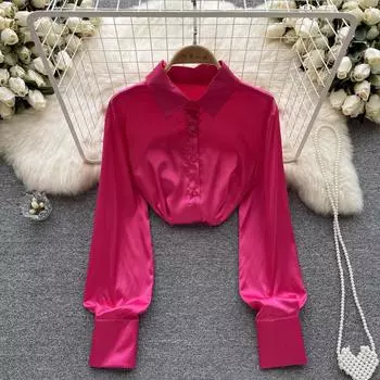Осень Pure Desire Ветровая атласная поверхность с длинными рукавами Дизайн Sense Ниша Свободные тонкие лацканы Сотня с рубашкой для женщин