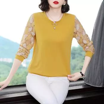 Осень с длинными рукавами Топ Женщины Свободная футболка 2022 Осень Кружева Нижняя Рубашка Мода