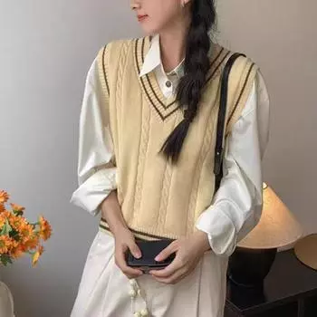 осень свитер жилет женский утолщенный V-образный вырез без рукавов вязаный свитер жилеты полосатый ретро стиль преппи простые свободные повседневные топы One Size