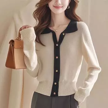 Осень Тонкий поло воротник основа пуловеры свитер куртки женские модные однотонные повседневные вязаные кардиганы женский темперамент теплый зимний трикотаж пальто 25655 One Size бежевый