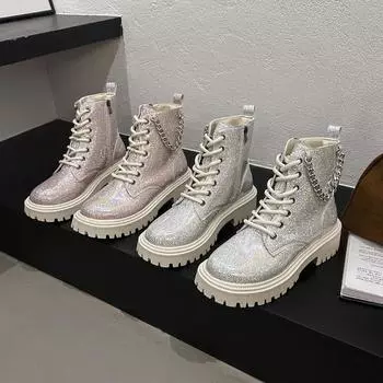 Осенью 2024 года в моду войдут новые европейские и американские ботинки Martin большого размера с пайетками, корейская версия коротких ботинок с низкой посадкой, 35 розовый