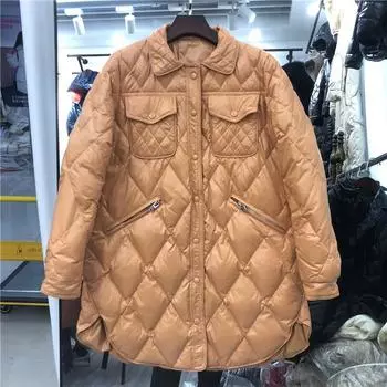 Осенью и зимой 2024 года новый легкий и тонкий пуховик женский ромбический воротник стойка темперамент показывает тонкий белый S хаки