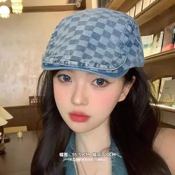 Осенью и зимой новая клетчатая шляпа вперед модная универсальная шляпа для женщин с большой окружностью головы берет кепка газетчика average size (56-58cm) средний синий